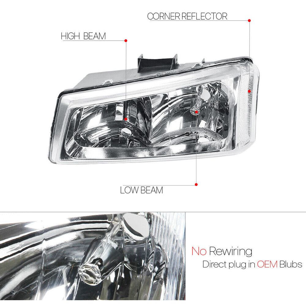 Fits 2003-2007 Chevy Silverado/Avalanche [Chrome/Clear] Crystal Corner Headlight_voghion.com