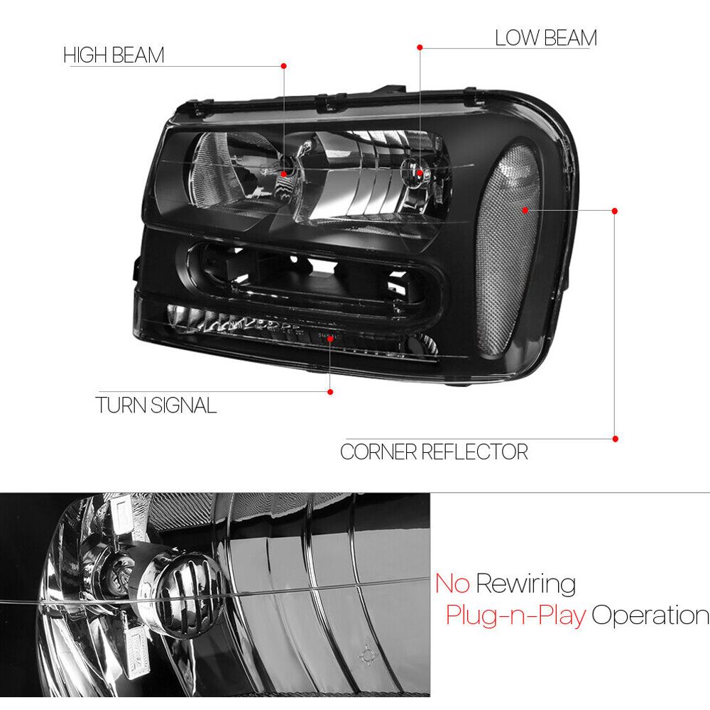 Fits 2002-2009 Chevy Trailblazer [Black/Clear] Crystal Corner Headlight Headlamp_voghion.com