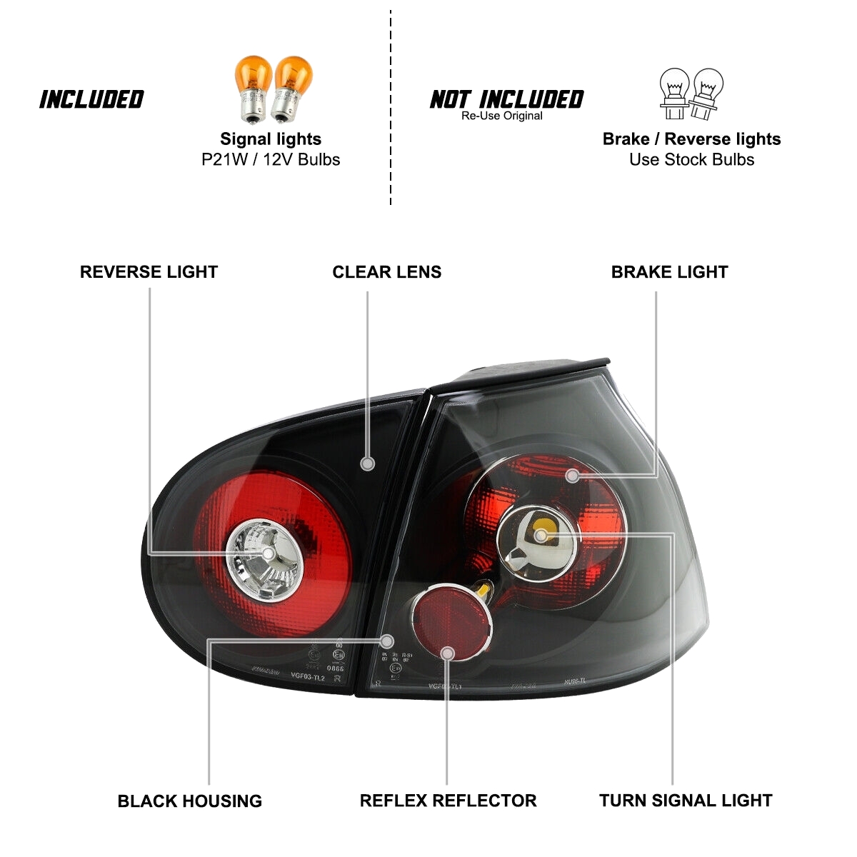Black Tail Lights MK5 Brake Lamps Left+Right_voghion.com
